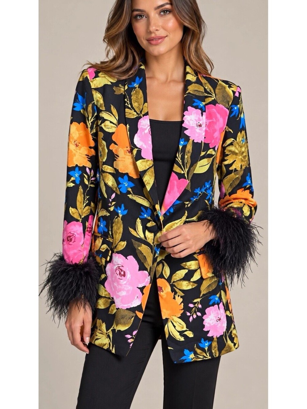 BuddyLove Aspen Floral Blazer Jacket Faux Fur Cuffs Button Front Lined Size S